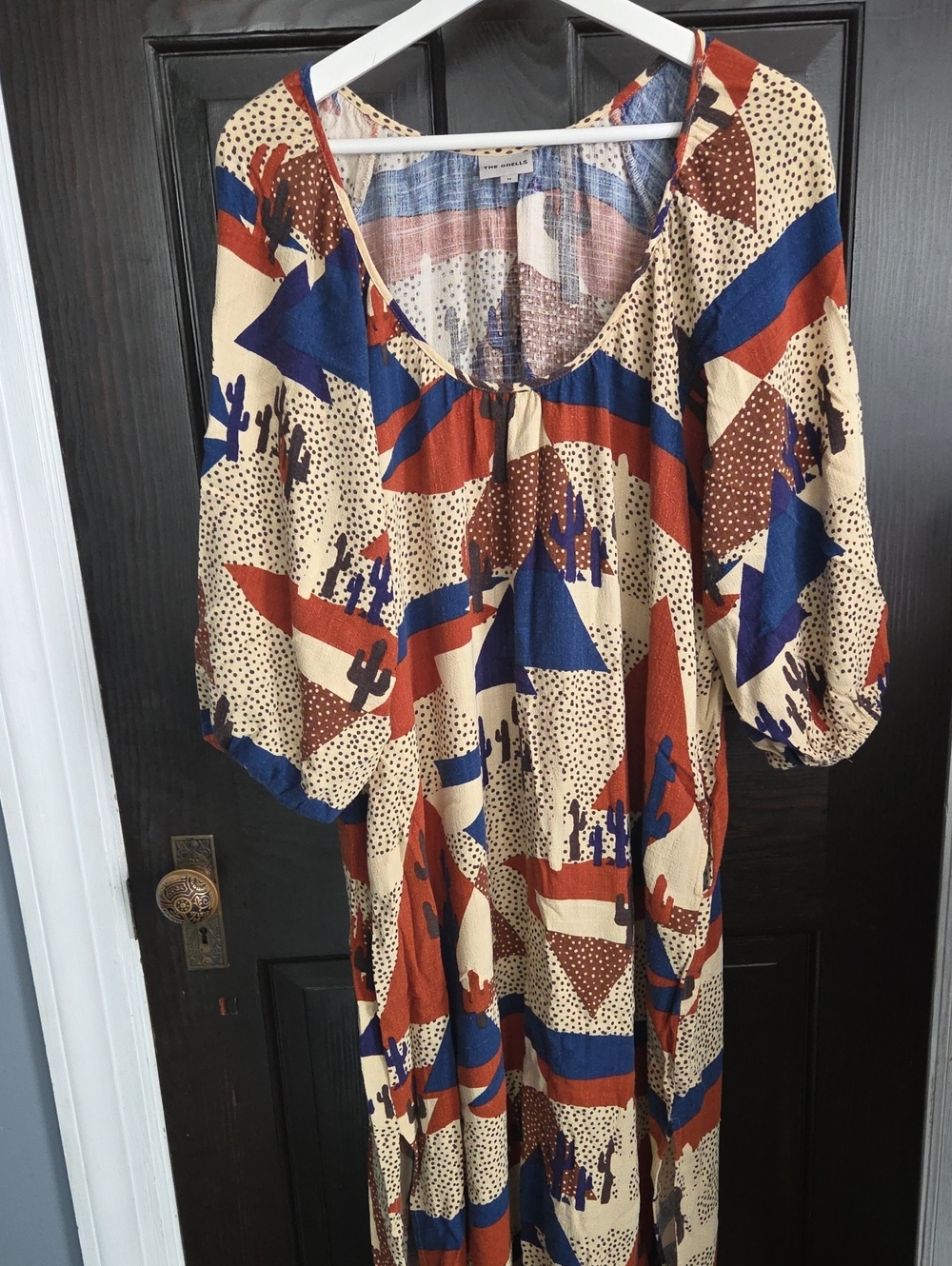 Bohemian Patchwork Design Maxi Dress in Rust & Blue